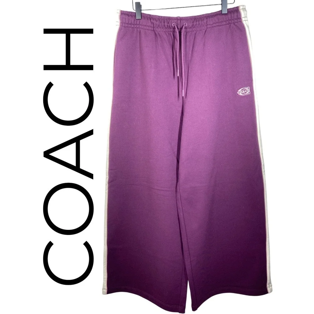 Coach NWT Sporty Wide Leg Cotton Track Pants Beet Purple Terrycloth Logo Women M